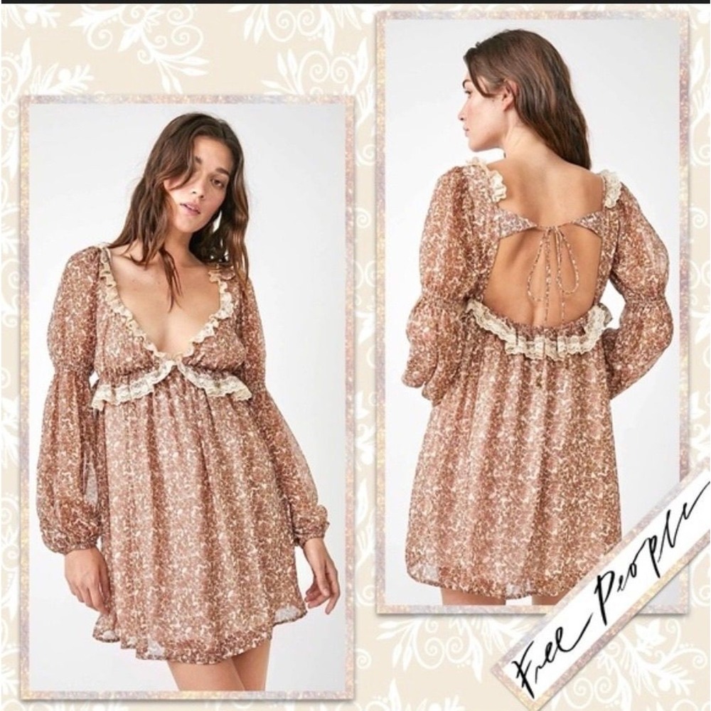Free People Dress Womens L Brown Floral Lace Trim Open Back Mini Boho Sleeve